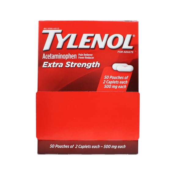 Tylenol Extra Strength Acetaminophen Caplets, 500 mg, Pain Relief & Fever Reducer for Headache, Backache, Toothache, Menstrual Cramps & Pain, Travel-Friendly Packaging, 2-Caplet Pouches, 50 Count