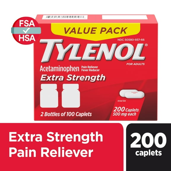 Tylenol Extra Strength 500mg Acetaminophen Caplets, 100 Count, Two Pack