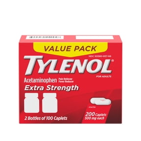 Tylenol Extra Strength 500mg Pain Relief Acetaminophen Caplets, Value Size, 100 Count, Two Pack