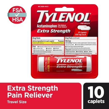 Tylenol Extra Strength 500mg Acetaminophen Caplets, Travel Size, 10 Count