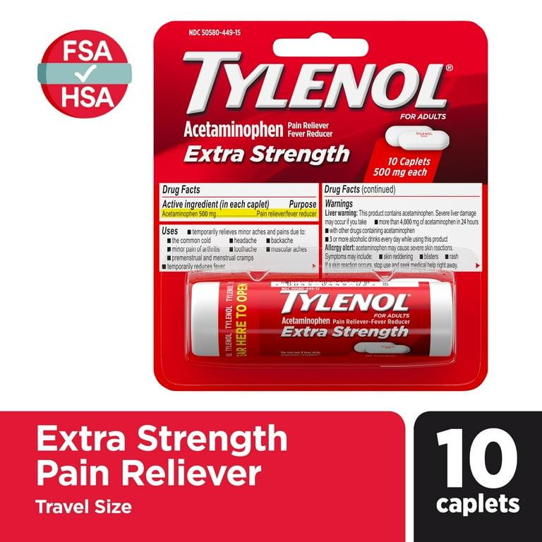 Tylenol Extra Strength 500mg Acetaminophen Caplets, Travel Size