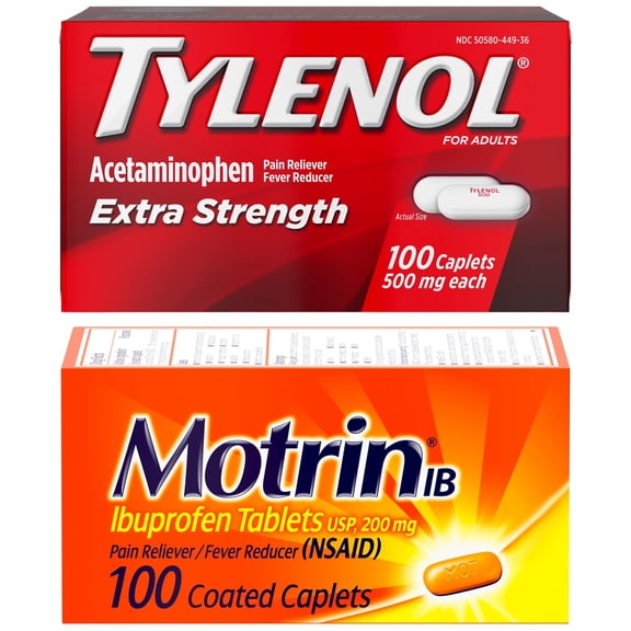 Tylenol Extra Strength 500mg + Motrin IB 200mg Pain Relief Bundle, 2 Items