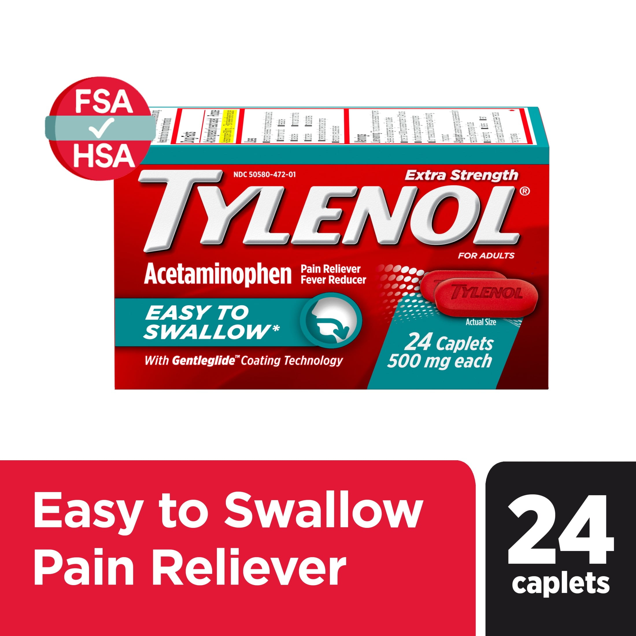 Tylenol Extra Strength Acetaminophen, Easy to Swallow Caplets, 24 Ct