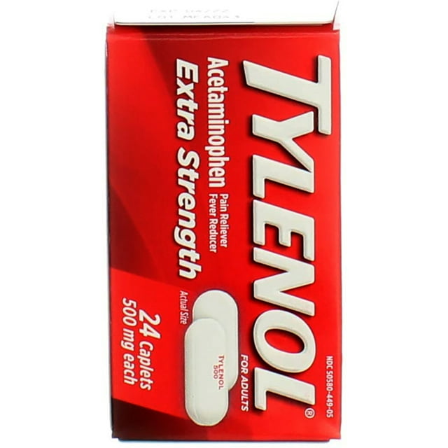 Tylenol Extra Strength Caplets with 500 mg Acetaminophen, Pain Reliever & Fever Reducer, Acetaminophen For Headache, Backache & Menstrual Pain Relief, 24 ct (Pack of 2)