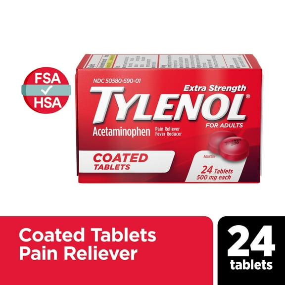 Tylenol Extra Strength Coated Tablets with Acetaminophen 500mg, 24 Count