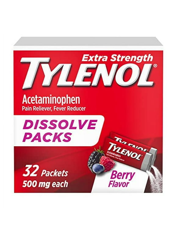 Tylenol Extra Strength Dissolve Packs, 500 mg Acetaminophen Pain Reliever & Fever Reducer, On-The-Go Powder Packets for Minor Aches & Pains, Ibuprofen- & Aspirin-Free, Berry Flavor, 32 ct
