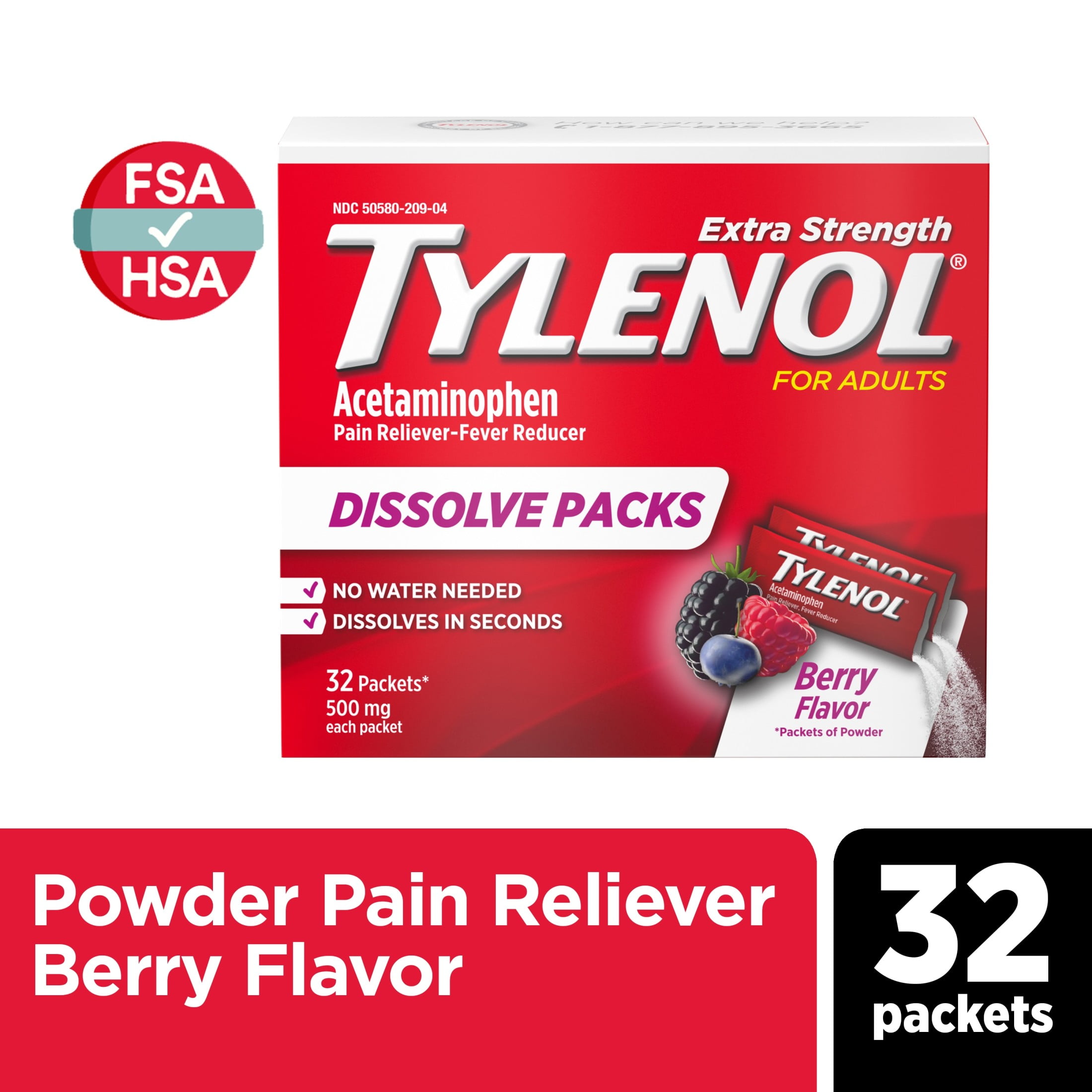 Tylenol Extra Strength Dissolve Packs with Acetaminophen, Berry, 32 Ct