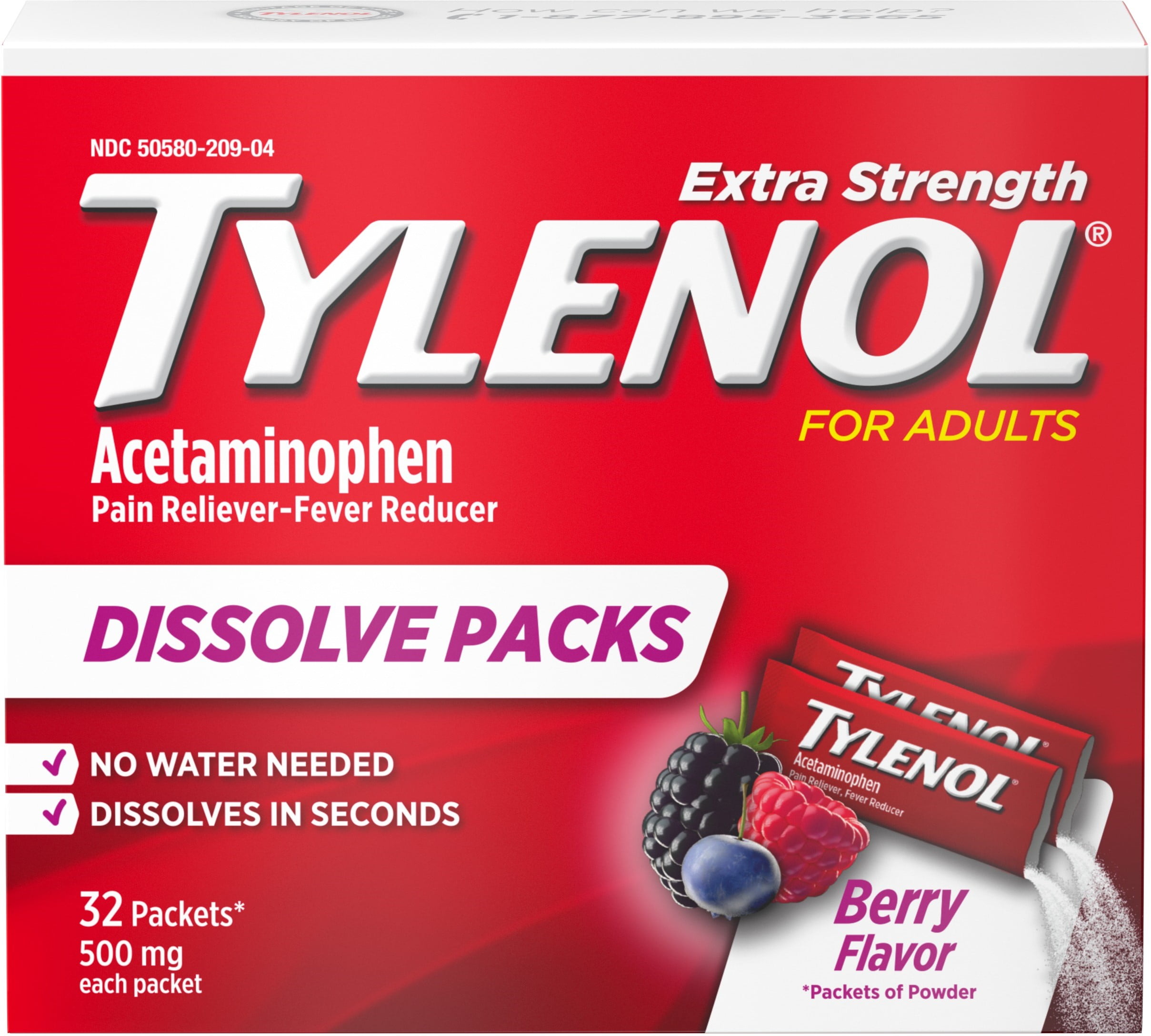 Tylenol Extra Strength Dissolve Packs with Acetaminophen for Pain &amp; Fever, Berry, 32 ct (Pack of 3)