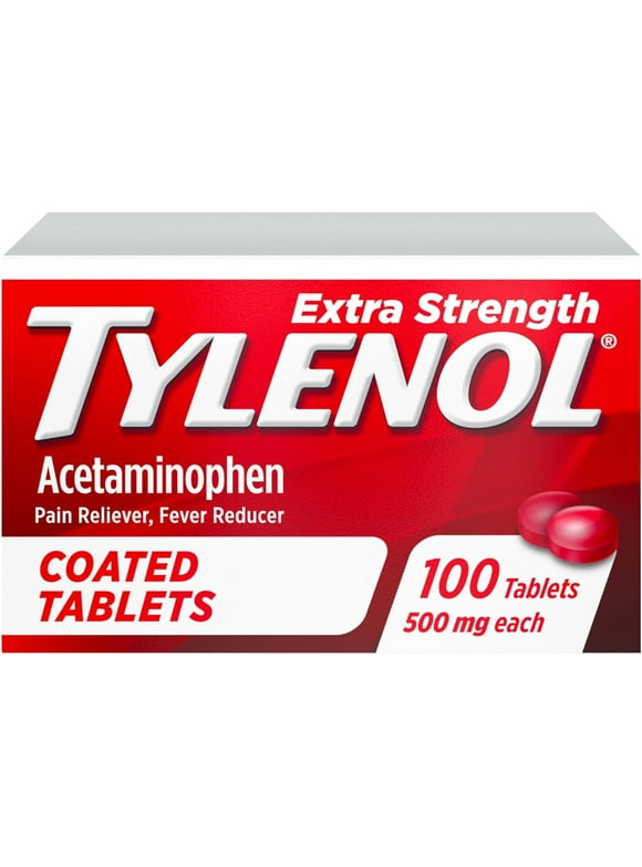 Tylenol Extra Strength Pain Relief Coated Tablets for Adults, 500mg Acetaminophen Pain Reliever and Fever Reducer per Tablet for Minor Aches, Pains, and Headaches, 100 ct