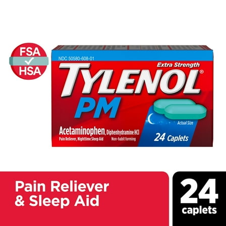 Tylenol PM Extra Strength Pain Reliever & Sleep Aid Caplets, 24 Count