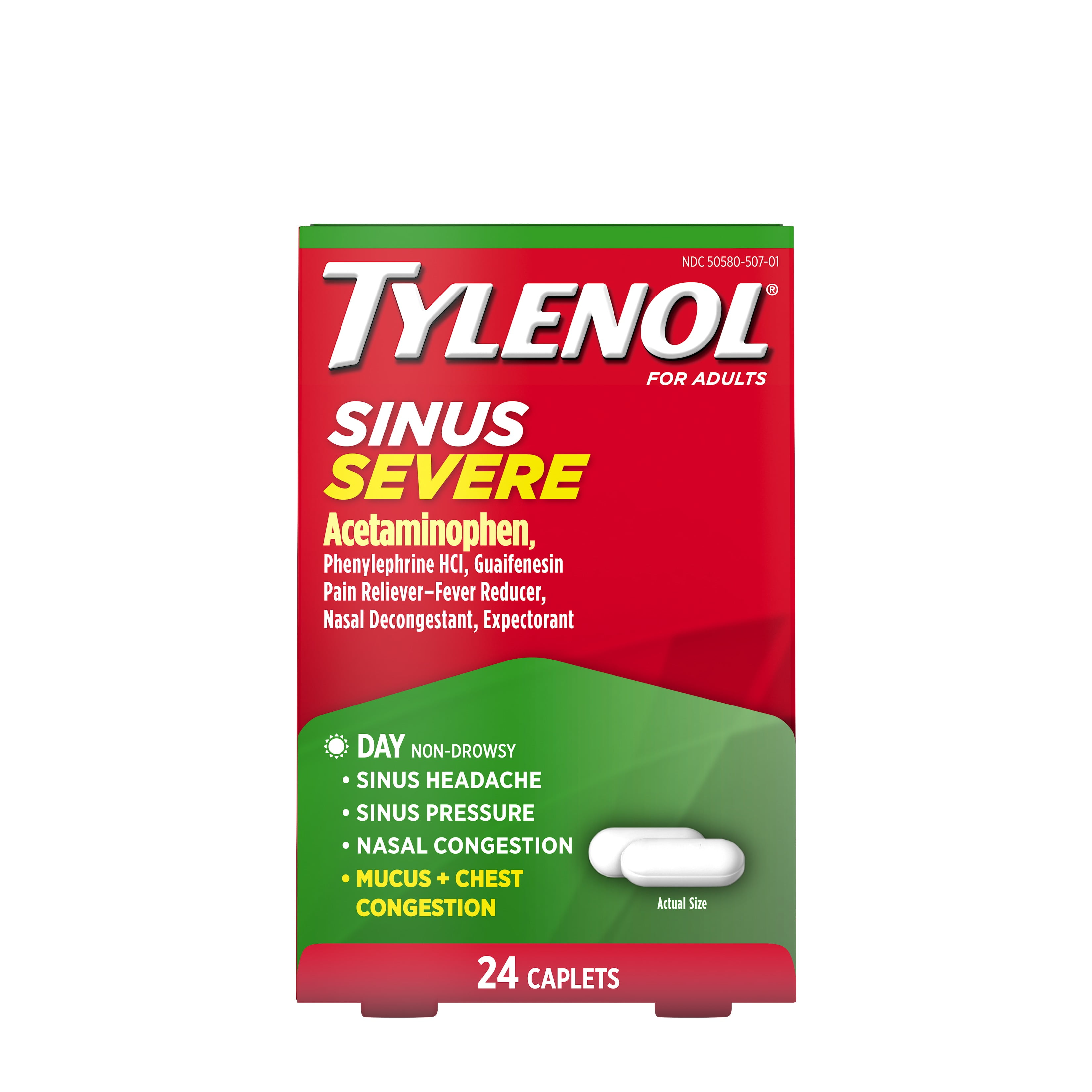 Tylenol Sinus Severe Daytime Cold & Flu Relief Medicine Caplets, Non-Drowsy Pain Reliever, Fever Reducer Expectorant & Decongestant, Acetaminophen, Guaifenesin & Phenylephrine HCl, 24 ct (Pack of 2)