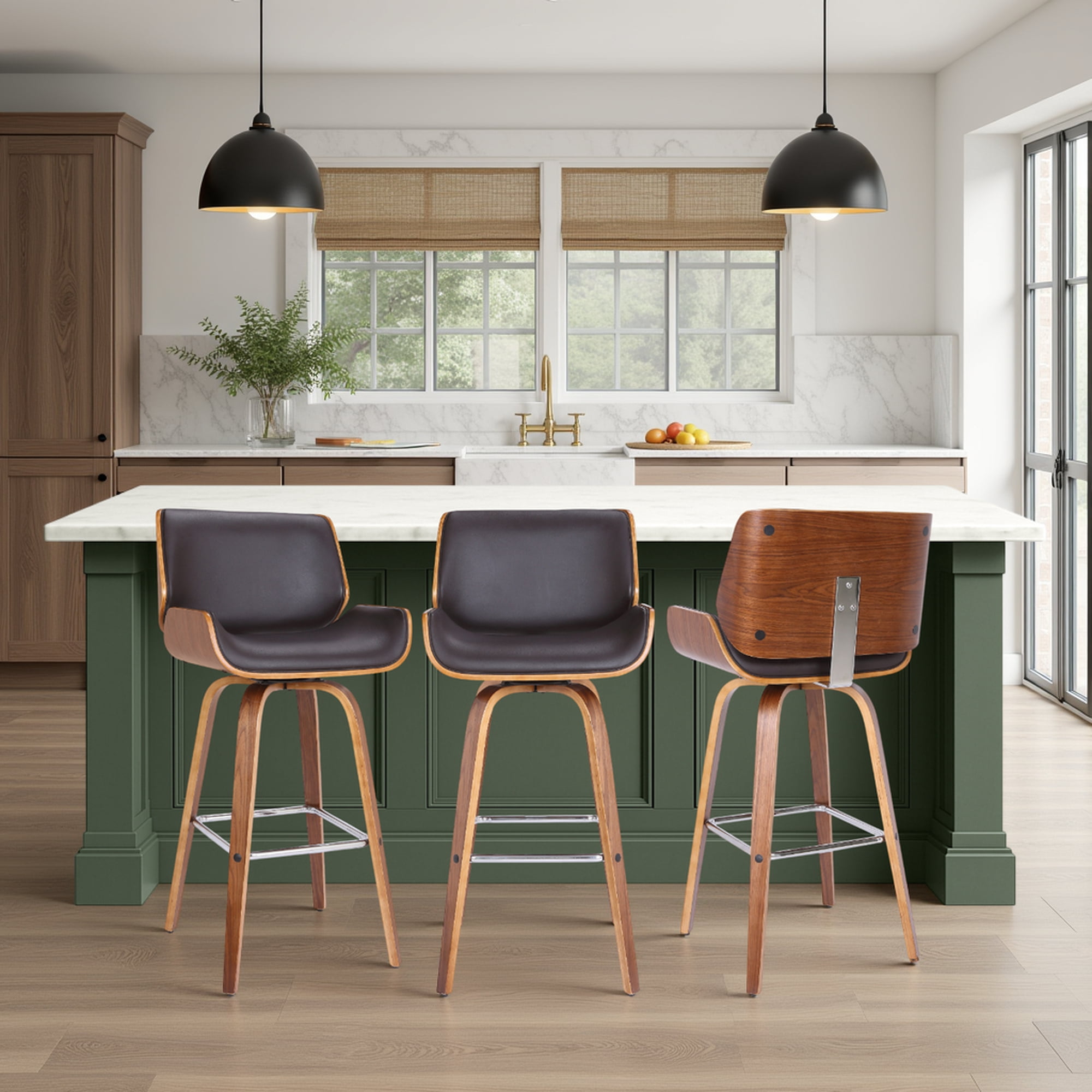Tyler 26" Counter Height Swivel Brown Faux Leather and Walnut Wood Bar Stool - Set of 3