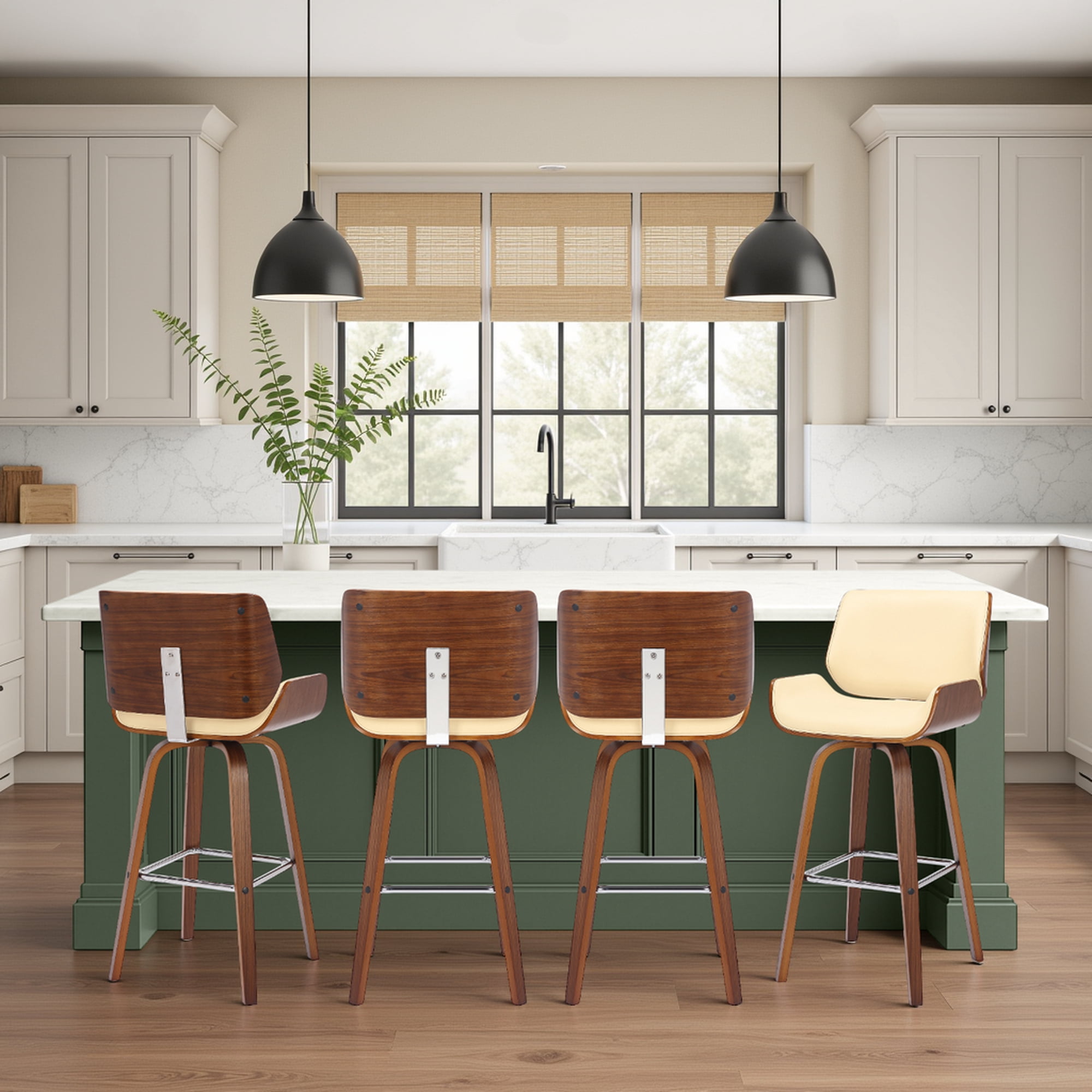 Tyler 26" Counter Height Swivel Cream Faux Leather and Walnut Wood Bar Stool - Set of 4