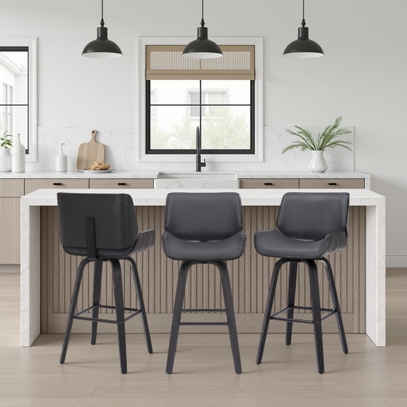 Tyler 26" Counter Height Swivel Gray Faux Leather and Black Wood Bar Stool - Set of 3