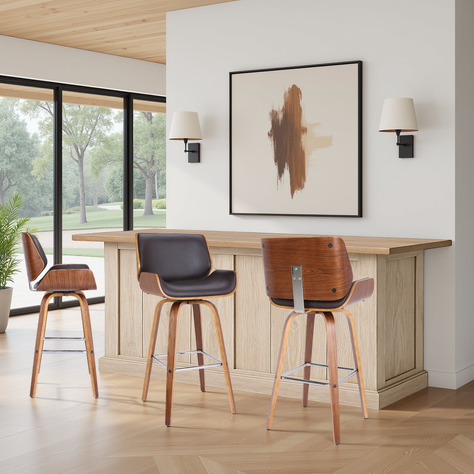 Tyler 30" Bar Height Swivel Brown Faux Leather and Walnut Wood Bar Stool - Set of 3