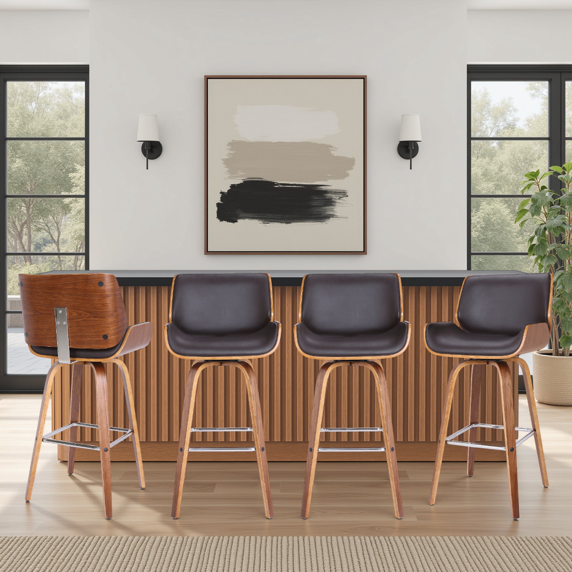 Tyler 30" Bar Height Swivel Brown Faux Leather and Walnut Wood Bar Stool - Set of 4
