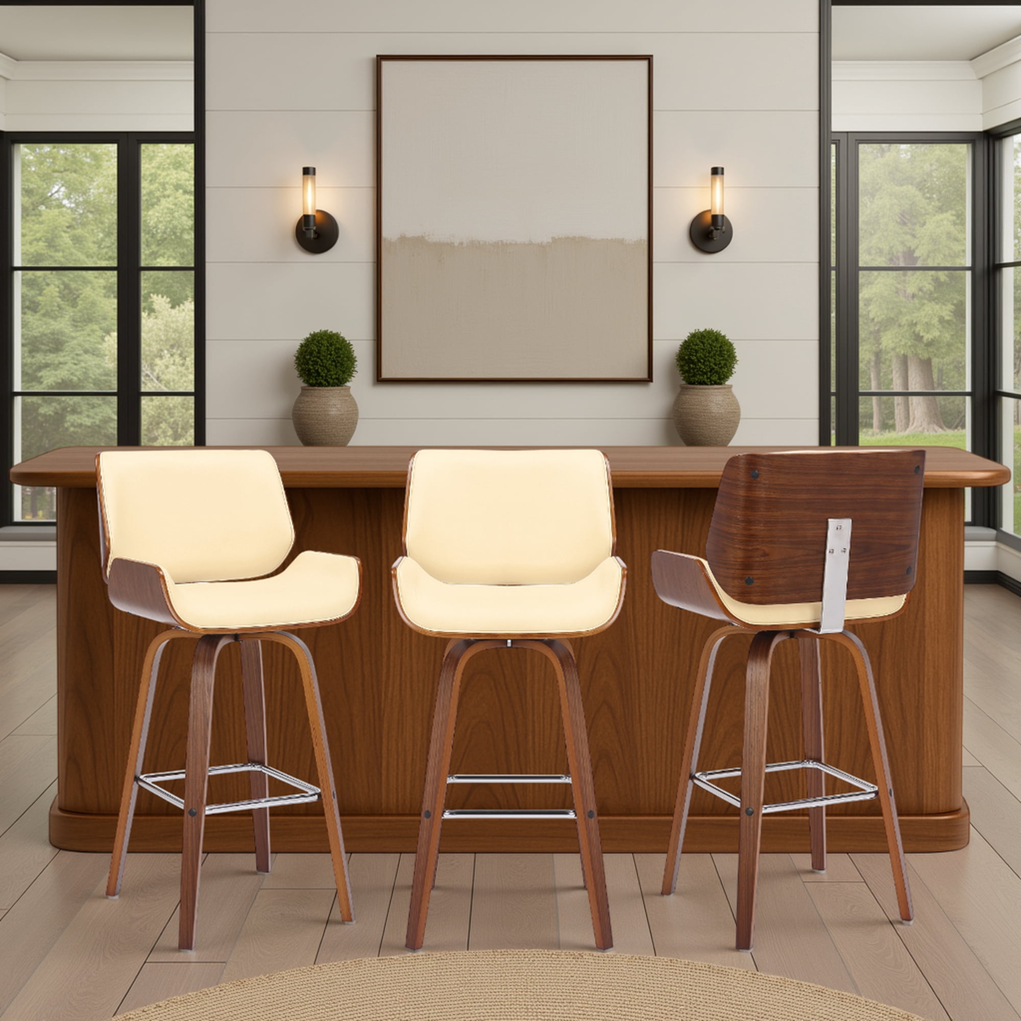 Tyler 30" Bar Height Swivel Cream Faux Leather and Walnut Wood Bar Stool - Set of 3