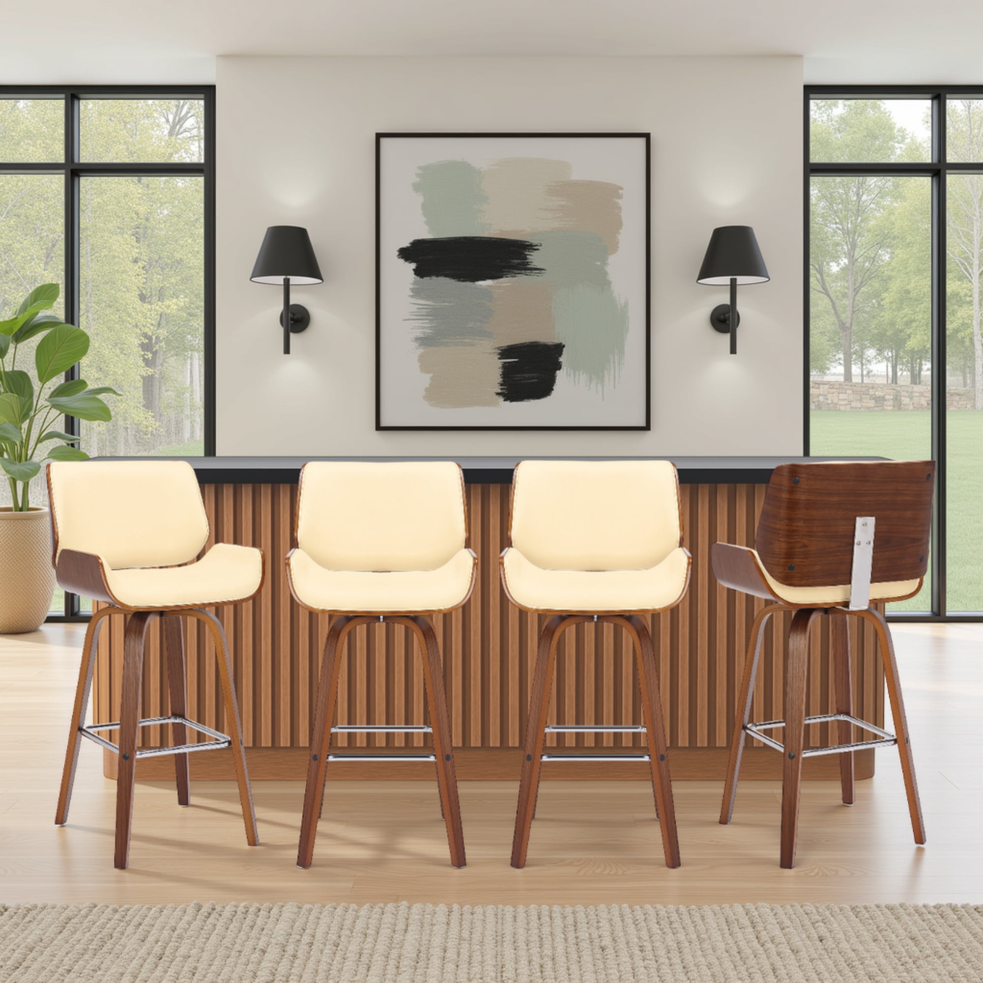 Tyler 30" Bar Height Swivel Cream Faux Leather and Walnut Wood Bar Stool - Set of 4