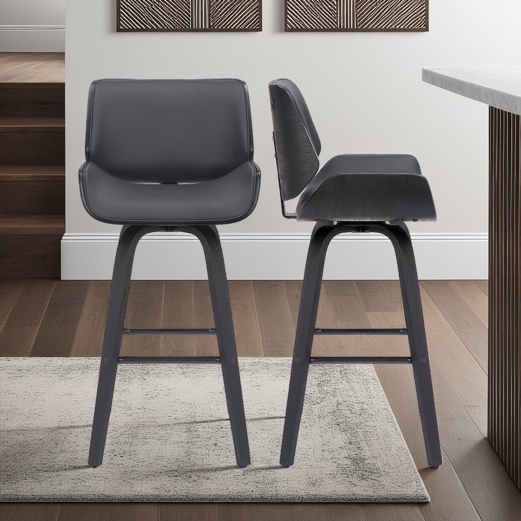 Tyler 30" Bar Height Swivel Gray Faux Leather and Black Wood Bar Stool - Set of 2