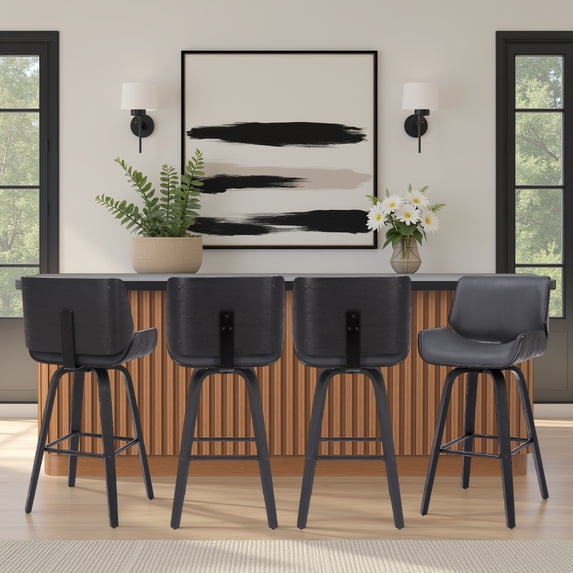 Tyler 30" Bar Height Swivel Gray Faux Leather and Black Wood Bar Stool - Set of 4