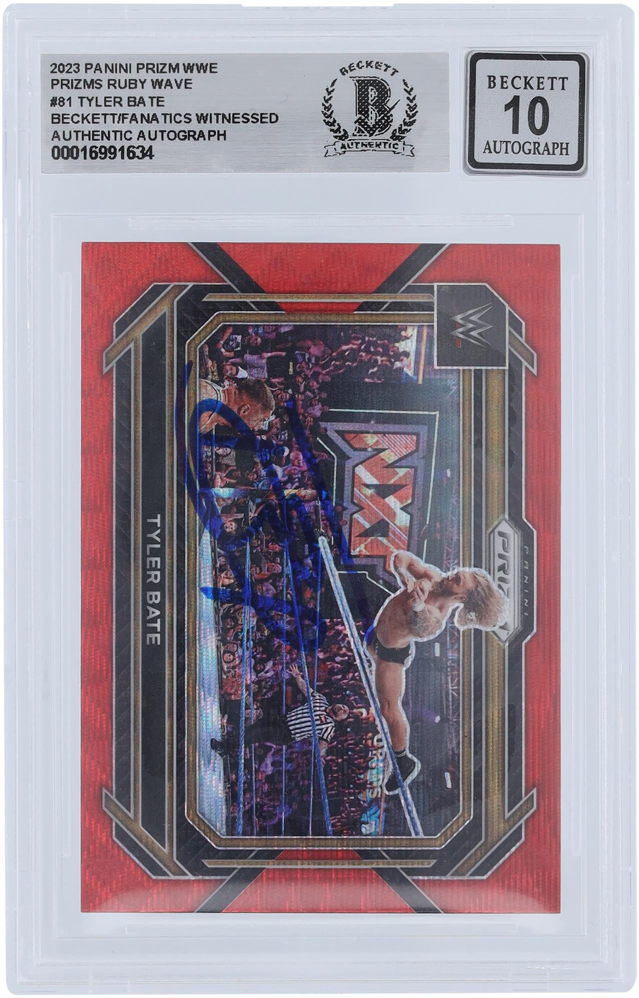 Tyler Bate WWE Autographed 2023 Panini Prizm Ruby Wave Prizm #81 Beckett Fanatics Witnessed Authenticated 10 Card - Fanatics Authentic Certified