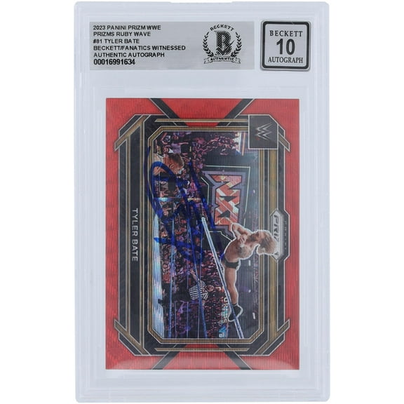 Tyler Bate WWE Autographed 2023 Panini Prizm Ruby Wave Prizm #81 Beckett Fanatics Witnessed Authenticated 10 Card - Fanatics Authentic Certified
