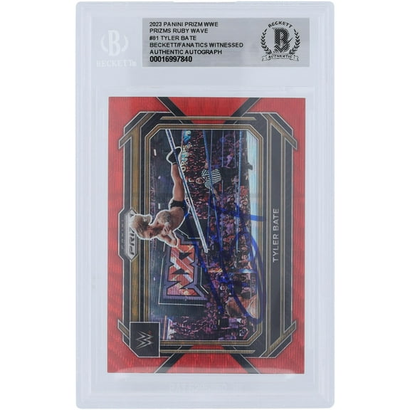 Tyler Bate WWE Autographed 2023 Panini Prizm Ruby Wave Prizm #81 Beckett Fanatics Witnessed Authenticated Card - Fanatics Authentic Certified