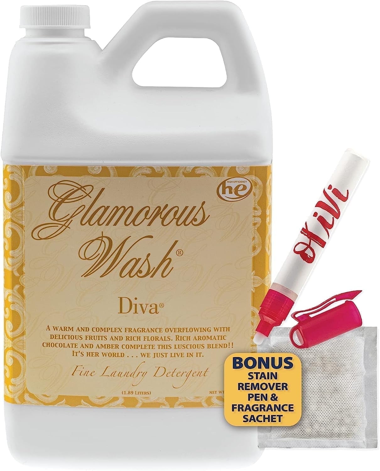 Tyler Candle Diva Glamorous Wash Liquid Laundry Detergent, 24 Loads, 64 fl oz, with Olivi Stain Remover Pen & Fresh Scented Sachet