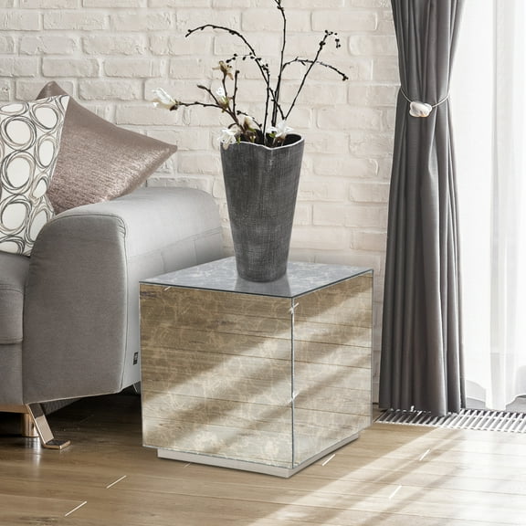 Tyler Dillion Square Mirrored Glass Side Table with Blue/Gray Antique Finish 17"H x 16"D x 16"W