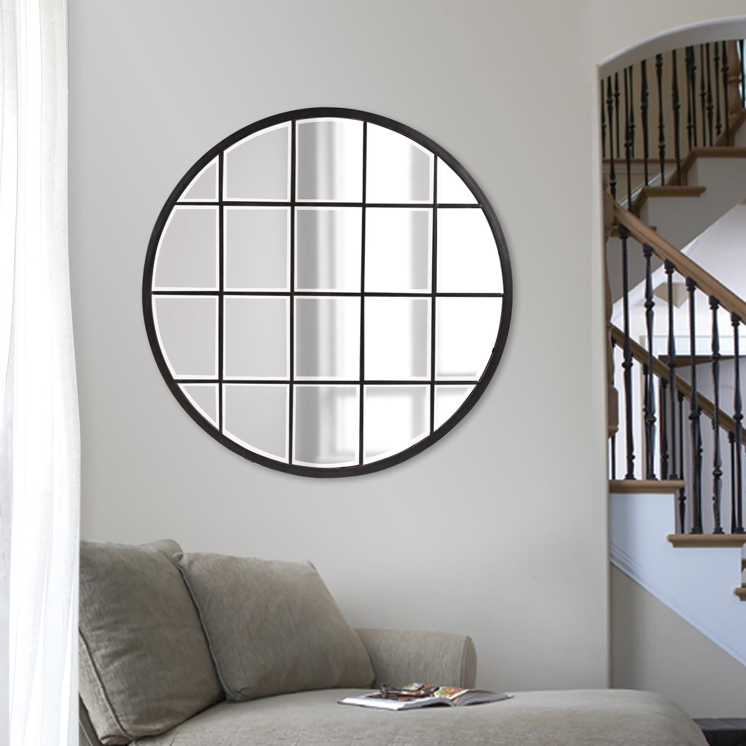 Tyler Dillon Round Bronze Wall Mirror with Metal Windowpane Frame - 36 x 36 x 0.5
