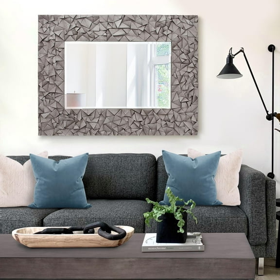 Tyler Dillon Gray Rectangular Wall Mirror with Wood Block Mosaic Frame - 48"H x 36"W