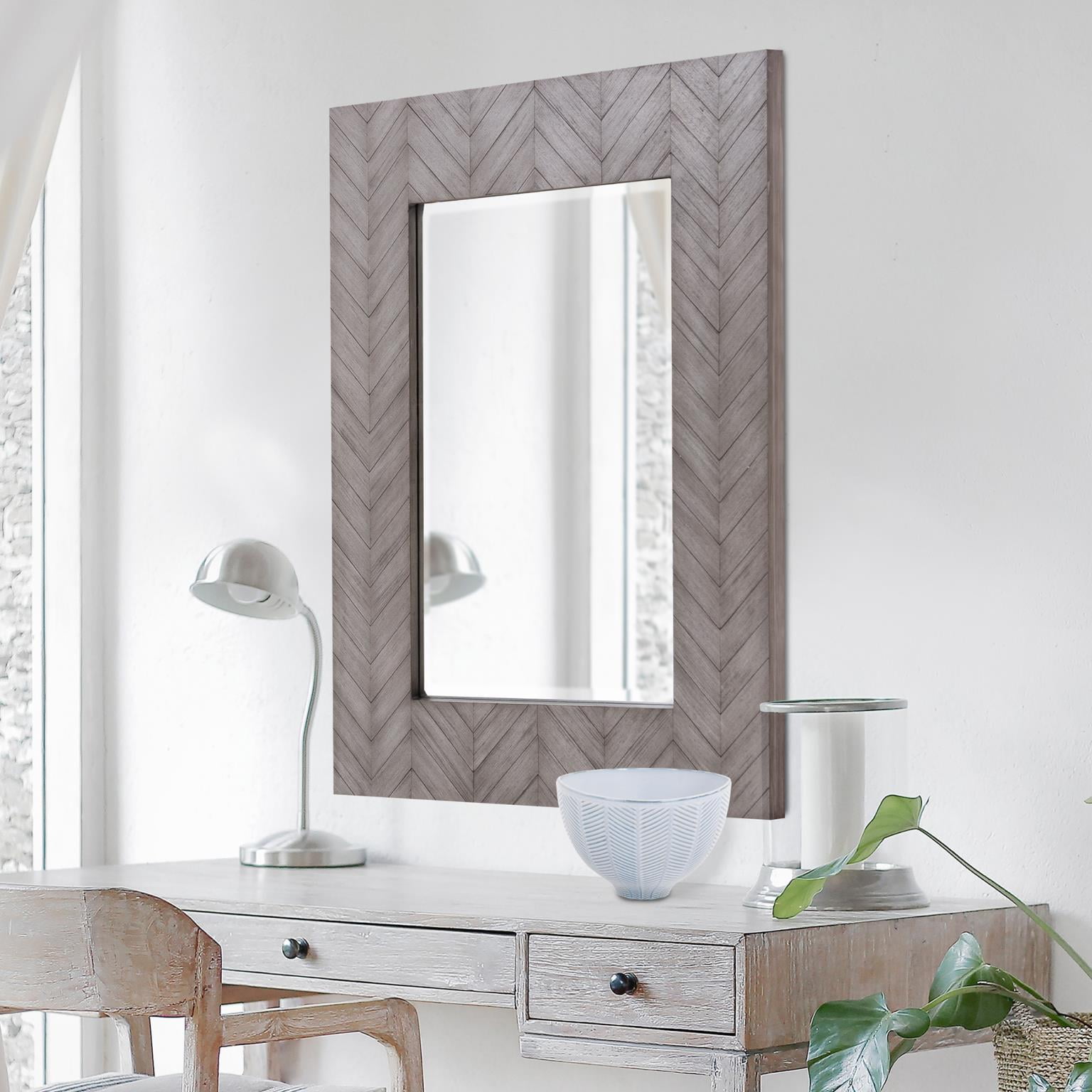 Tyler Dillon Gray Washed Rectangular Wall Mirror with Wooden Chevron Frame - 30 x 40" x 1.1/2""