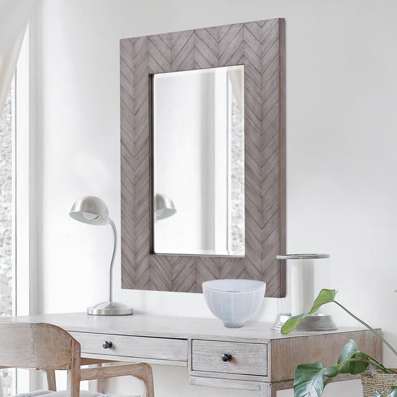 Tyler Dillon Gray Washed Rectangular Wall Mirror with Wooden Chevron Frame - 30 x 40" x 1.1/2""
