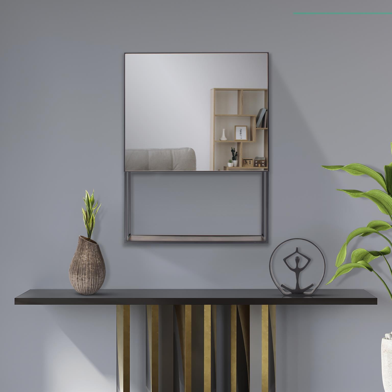 Tyler Dillon Matte Black Industrial Wall Mirror with Bottom Shelf 31.5"H