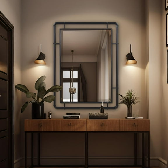Tyler Dillon Matte Black Vanity and Wall Mirror with Metal Pipe Inspired Frame - 40"H x 30"W