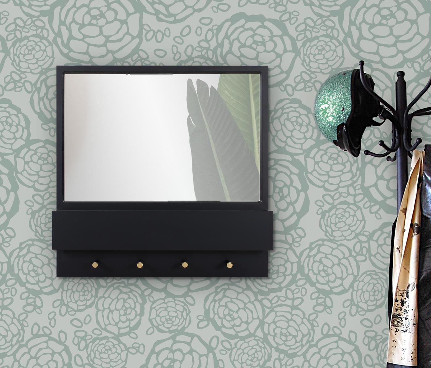 Tyler Dillon Matte Black Wall Mirror with Storage Shelf & Garment Hooks - 24"H x 24"W