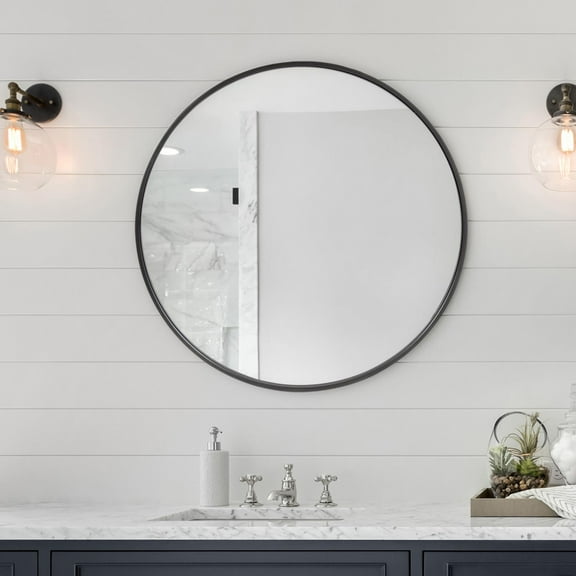 Tyler Dillon Brushed Black Round Stainless Steel Framed Vanity Mirror - 30"D