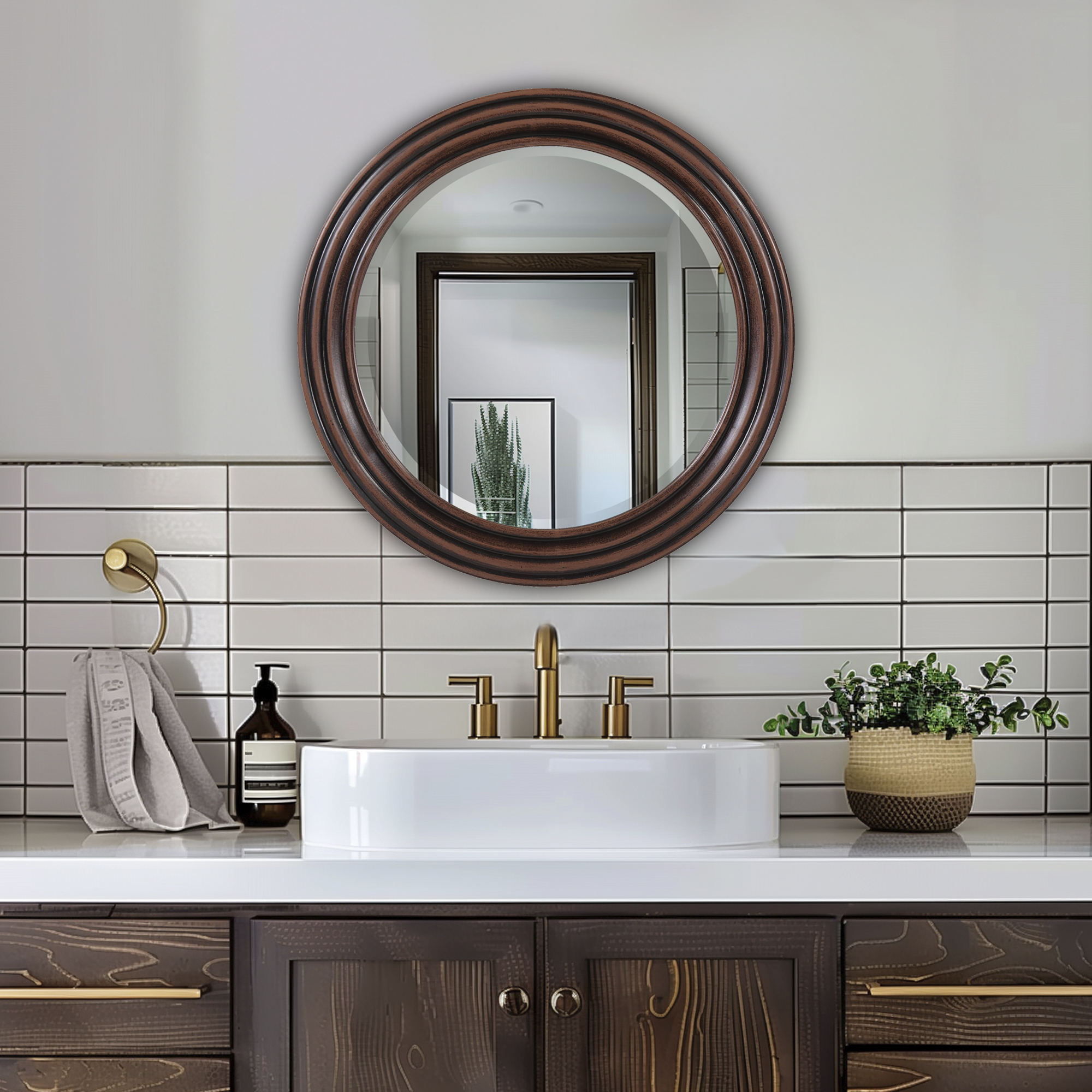 Tyler Dillon Round Hand Crafted Wood Mirror with Rib Texture 24"H x 24"W