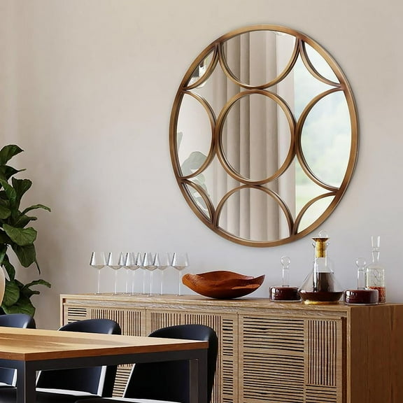 Tyler Dillon Round Wall Mirror with Circular Design and Bronze Metal Frame - 32D x 3/4T