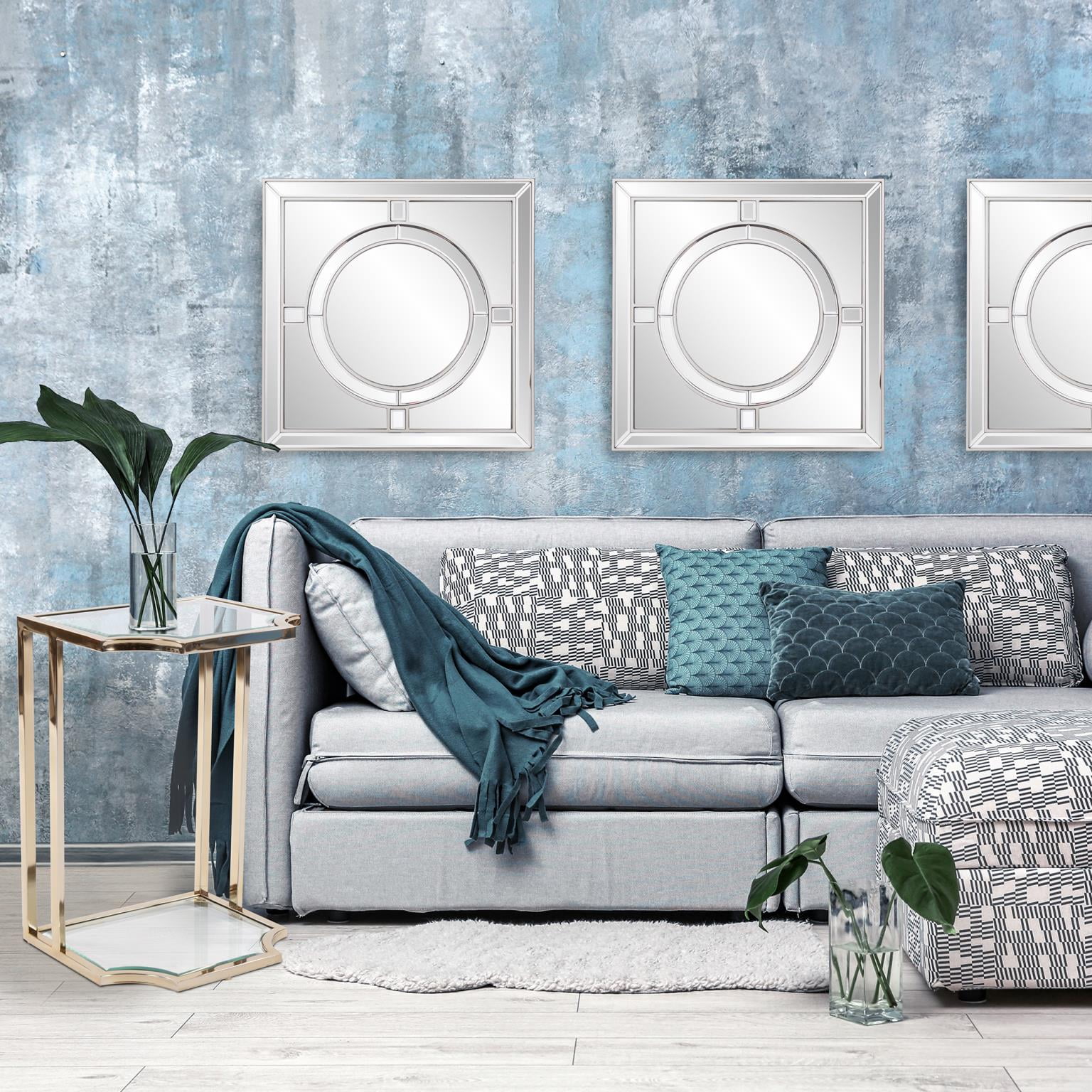 Champagne Silver Square Wall Mirror with Round Design