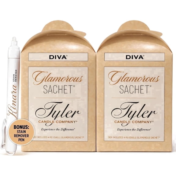 Tyler Diva Glamorous Sachet, Reusable Dryer Sheets, Luxury Home Fragrance Collection, 8 Count with Kinara Stain Remover Pen, 2 Pack Bundle