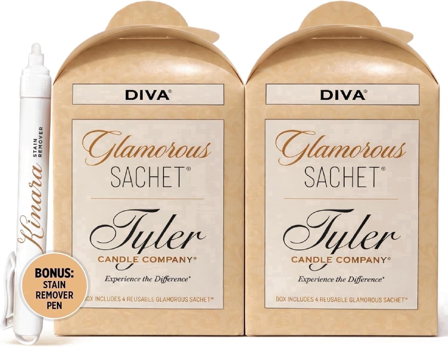 Tyler Diva Glamorous Sachet, Reusable Dryer Sheets, Luxury Home Fragrance Collection, 8 Count with Kinara Stain Remover Pen, 2 Pack Bundle