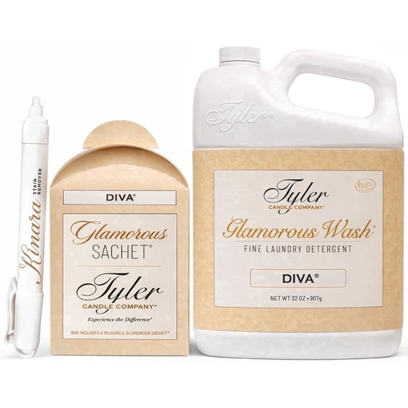 Tyler Glamorous Wash Diva Fine Laundry Detergent with a Kinara Stain Remover Pen and Dryer Sachets - Liquid Detergent Designed for Clothing - Hand and Machine Washable - 32oz (Diva)