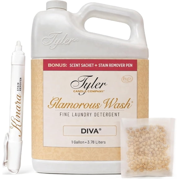 Tyler Glamorous Wash Liquid Laundry Detergent, Bundle with Stain Remover Pen, Scented Sachet - Gentle Washing Detergent, Laundry Supplies - 1 Gallon