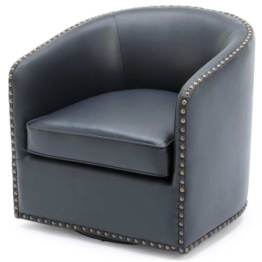 Midnight Blue Faux Leather Transitional Barrel Swivel Accent Chair