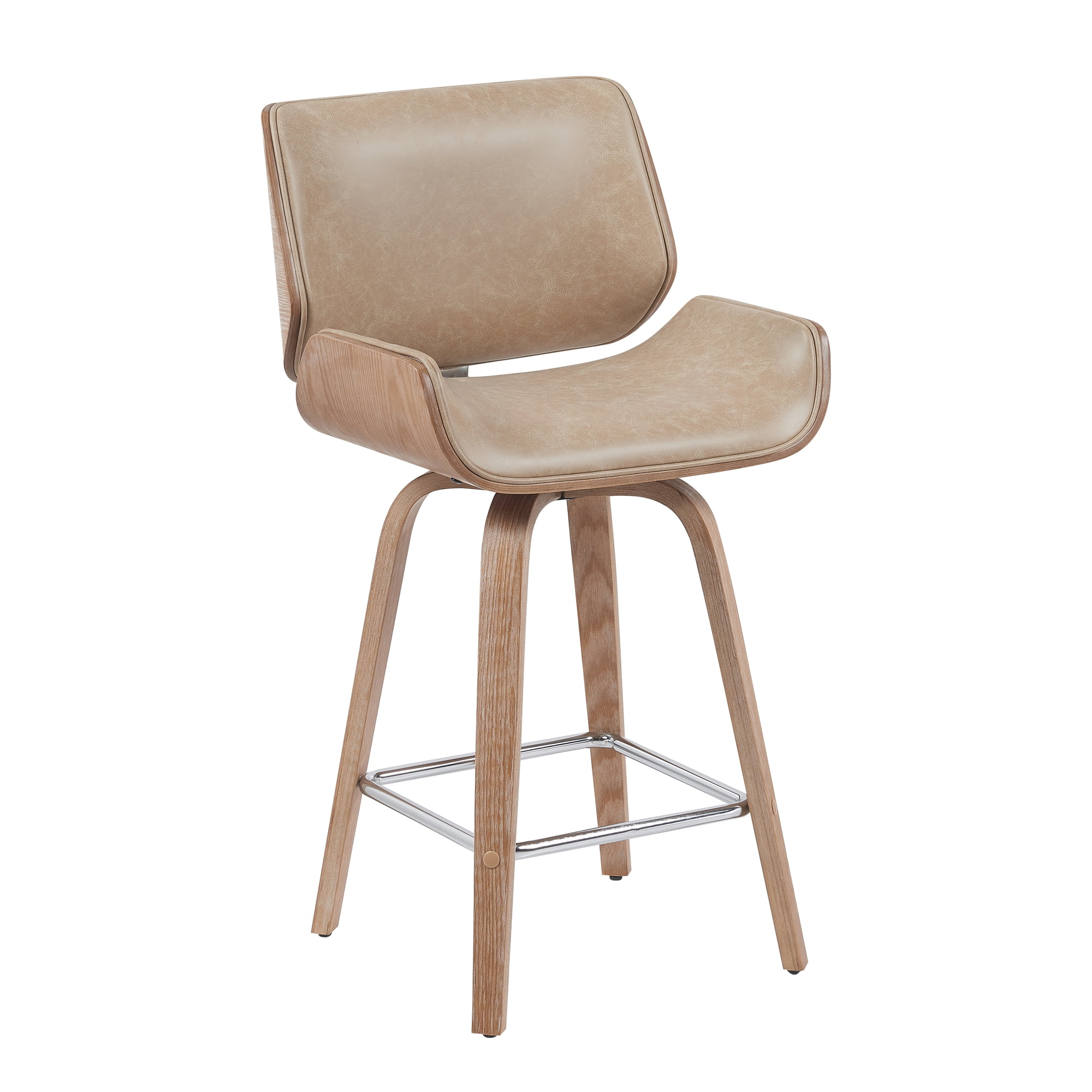 Tyler Modern Counter Height Swivel Bar Stool with White Wash Finished Wood and Vintage Brown Upholstery