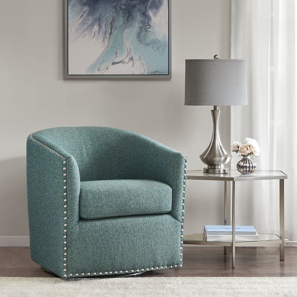 Curved Teal Swivel Lounge Chair with Pewter Nailhead Accents
