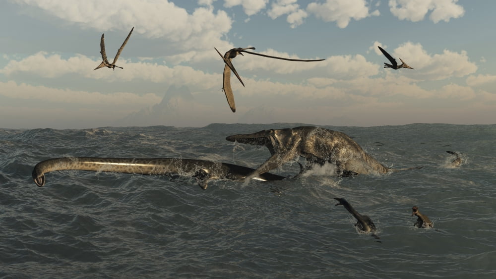Tylosaurus attacks a Styxosaurus in Cetaceous waters Canvas Art - Arthur DoretyStocktrek Images (38 x 22)
