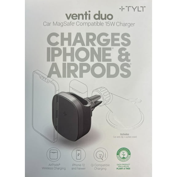 Tylt Magnetic 15W Venti Duo Wireless Charging Phone/AirPod Car Charger