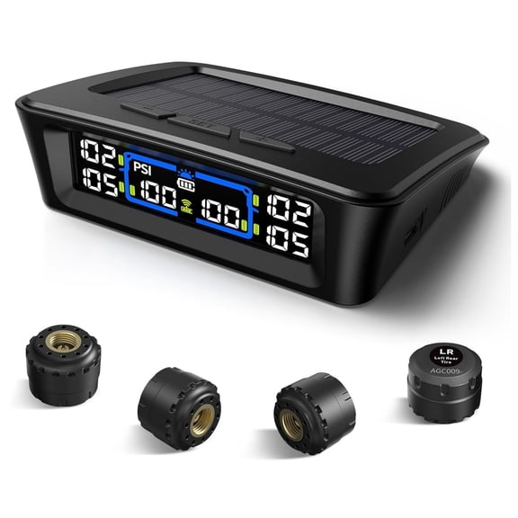 Tymate TM12 RV Tire Pressure Monitoring System, TPMS Set of 4 Sensors | Max. 12 Tires Info Monitoring, 6-Tire Display, 6 Alarm Modes, Solar/USB Charge, 50ft Range, 0-144PSI for RV & Older Vehicle
